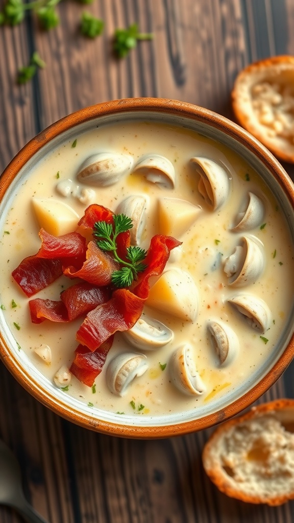 A bowl of creamy clam chowder with bacon and parsley, served with crusty bread on a wooden table.